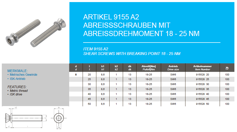 Shear screws with breaking point 18 - 25 Nm