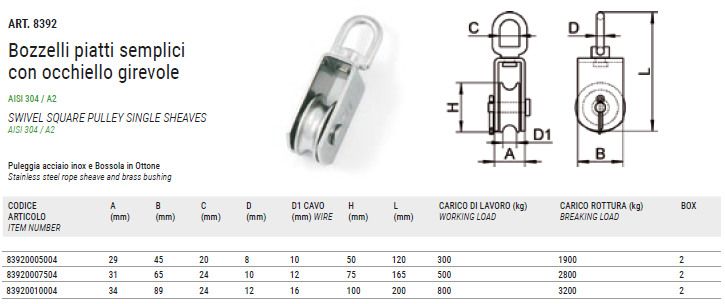 ART. 8392 Swivel square pulley single sheave, aisi 304 / A2 ART. 8392 Swivel square pulley single sheave, aisi 304 / A2