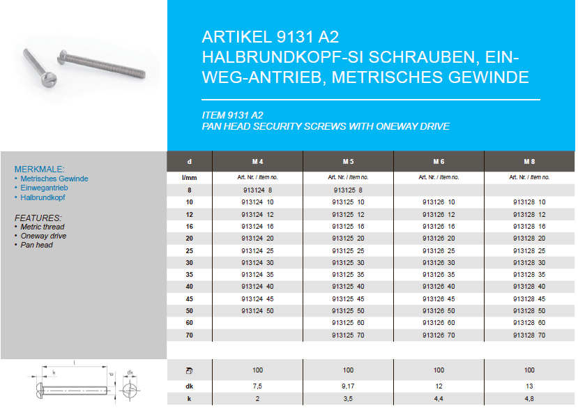 Pan head security screws with oneway drive