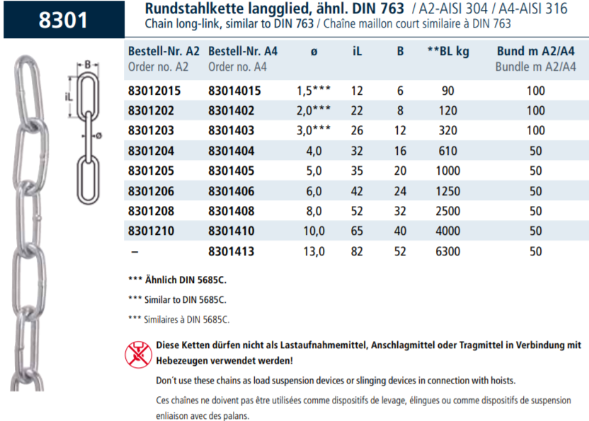 Chain long-link, similar to DIN 5685-C