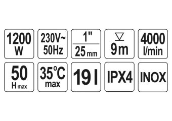 YATO Насосна станція (Гідрофор) мережева YATO: 1200 Вт, 4000 л/год, Ø= 1", 19 л, глиб.- 9м, вис.- 50