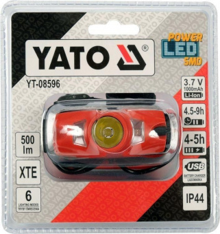YATO Ліхтар на чоло діодний YATO; живл. від Li-Po акумулят 3,7 В 1000 мАгод, 500 Lm, USB зарядкою  |