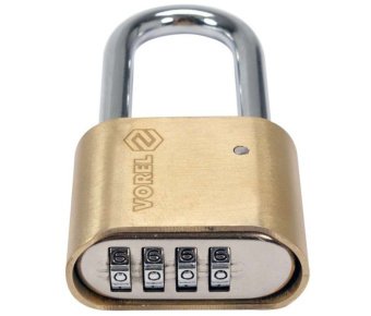 VOREL Замок навісний з кодовим замиканням : латунний корпус- 52х 40 х25 мм, сталева дуга- 56х25х 8 м