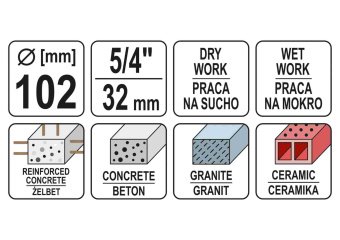 YATO Свердло корончате по каменю, бетону YATO: Ø=102 мм, l=430 мм, з алмазн. пругами, хвостовик- М32