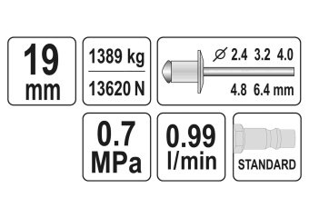 YATO Пневмозаклепочник YATO для нітів Ø= 2,4; 3,2; 4,0; 4,8; 6,4 мм, l= 16 мм, F= 1390 кг  | YT-3618