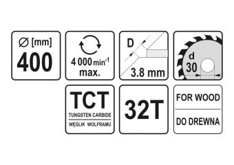 YATO Диск пиляльний победітовий по дереву YATO: 400х30x3.8x2.8 мм, 32 зубці, R.P.M до 4000 1/хв  | Y