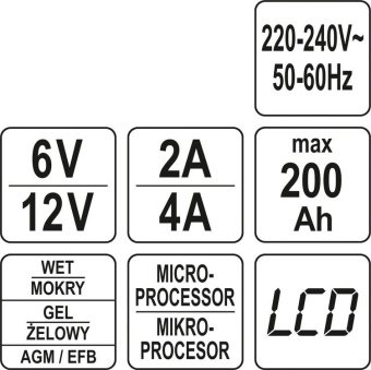 Зарядний прилад мережевий з LCD дисплеєм 230В YATO до акумуляторів 6V-2А 12V-4А, макс. 240 AГод [20]