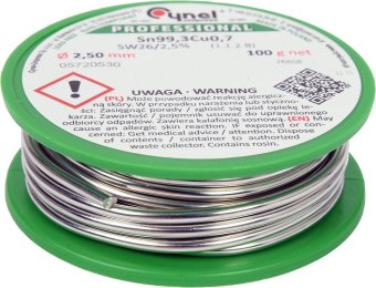 VOREL Припій без свинцю CYNEL : Ø2,5 мм, Sn99,3-Cu0,7 дротяний на котушці з флюсом m= 100 г  | 76858