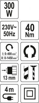 YATO Дриль-шуруповерт мережевий YATO: 300 Вт, 40 Нм, 1450 об/хв, патрон Ø≤13 мм, кабель- 4 м  | YT-8