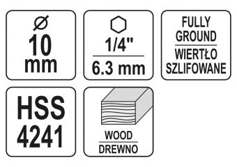 YATO Свердло по дереву YATO : Ø10 x 100/60 мм, хвостовик- HEX 1/4", HSS 4241  | YT-33866