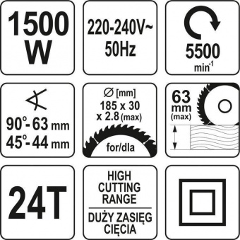 YATO Пила дискова ручна мережева YATO: P=1.5кВт, для диска Ø= 185/20мм, макс. h=2.8мм, кут 0-45°  | 