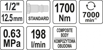 YATO Гайковерт ударний пневматичний YATO : квадрат 1/2", F=1700 Nm, 0.63 MPa,198 л/хв  | YT-09544
