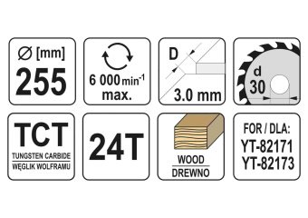 YATO Диск пиляльний победітовий по дереву YATO: 255x30x3.0x2.0 мм, 24 зубці, R.P.M до 6000 1/хв  | Y