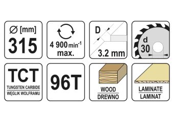 YATO Диск пиляльний победітовий по дереву YATO: 315x30x3.2x2.2 мм, 96 зубців, R.P.M до 4900 1/хв  | 
