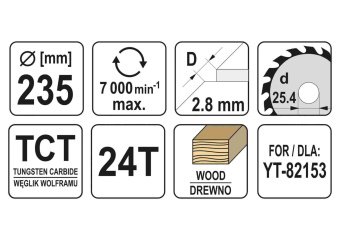 YATO Диск пиляльний победітовий по дереву YATO: 235x25.4x2.8x1.8 мм, 24 зубці, R.P.M до 7000 1/хв  |