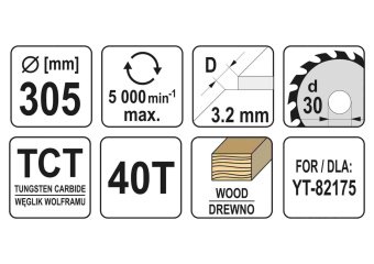 YATO Диск пиляльний победітовий по дереву YATO: 305x30x3.2x2.2 мм, 40 зубців, R.P.M до 5000 1/хв  | 