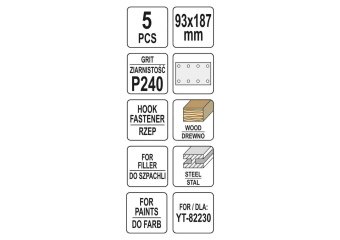 YATO Папір шліфувальний з липучкою YATO: 93 х 187 мм, Р240, до YT-82230, 5 шт  | YT-83808