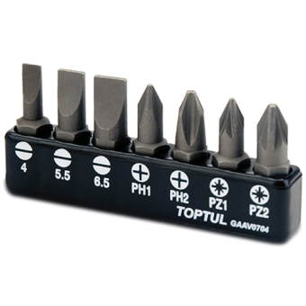 Набор бит TOPTUL 1/4" 7ед. (SL: 4*0.5, 5.5*1, 6.5*1.2; PH1, PH2; PZ1, PZ2) GAAV0704