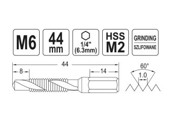YATO Свердло-мітчик YATO М6 х 1 мм, HSS М2, HEX-1/4", l= 44/8 мм  | YT-44843