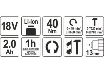 YATO Шуруповерт-дриль ударний акумулят. Li-Ion YATO: V18В, крутн.мом.- 40 Нм, 2 Агод, патрон Ø≤13 мм