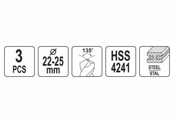 Набір свердл по металу YATO: HSS 4241, Ø22-24-25мм, L=75/150мм, до нержав.і конструкц.сталі, 3шт[10]