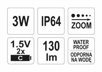 YATO Ліхтар діодний 3Вт на батарейки 2xR14 (2xC) і 3 режими світла; 228х47 мм, водонепроникний, чохо