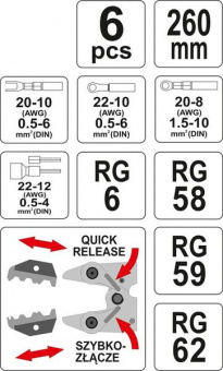 YATO Кліщі для обтискання і зачистки проводів YATO, L=260 мм зі змінними вставками кпл. 6 шт.  | YT-