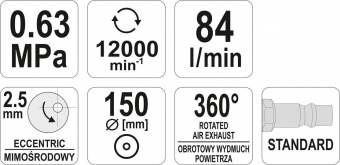 YATO Шліфмашина пневматична YATO ексцентрикова з диском Ø=150 мм, 0.63 MPa, спожив. повітря- 84 л/хв