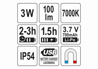YATO Лампа світлодіодна YATO : 3.7 В Li-Po 1.5 Агод, 3 Вт, 100 lm, гнучкий тримач з магнітом  | YT-0