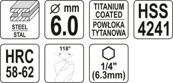 YATO Свердло фрезерувальне по металу YATO : HSS-TIN, Ø= 6 мм, l= 89 мм, HEX - 1/4"  | YT-44823