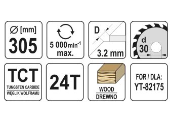YATO Диск пиляльний победітовий по дереву YATO: 305x30x3.2x2.2 мм, 24 зубці, R.P.M до 5000 1/хв  | Y