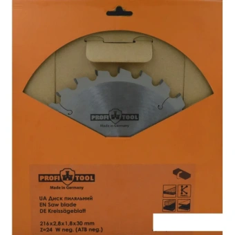 Диск пильный по дереву 216х2.8х1.8х30 мм, Z=24, форма зуба Wneg (ATBneg), поперечный рез PROFITOOL