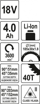 YATO Пила торцьовальна акумуляторна YATO : Li-Ion 18 В, 4 АГод, диск Ø=185/30 мм, різ 0°/45°-51/35мм