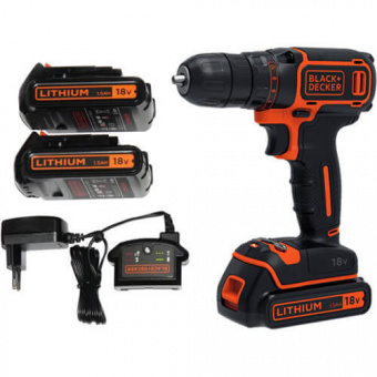 Дриль-шурупокрут BLACK+DECKER, безударний, 18 В, 1.5 Аг, 30 Нм, 650 об/хв, патрон 13 мм