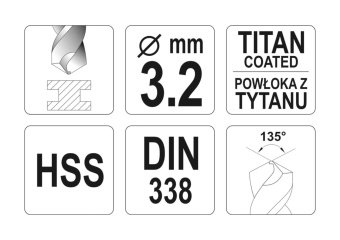 Свердло по металу титанове YATO : HSS-TIN, Ø= 3.2 мм, l= 65/36 мм [50/500]