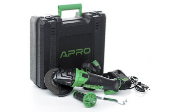 Углошлифовальная машина (болгарка) APRO 20В, 125мм, 4А, 20AG, 1 АКБ, ЗУ, кейс