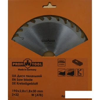 Диск пильный по дереву 190х2.8х1.8х30 мм, Z=32, зуб W (ATB), продольный+поперечный рез PROFITOOL