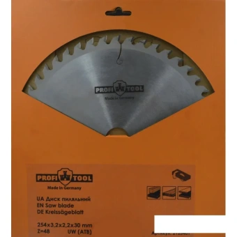Диск пильный по дереву 254х3.2х2.2х30 мм, Z=48, форма зуба UW (ATB), продольный рез PROFITOOL