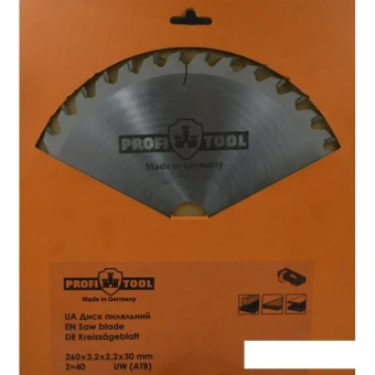 Диск пильный по дереву 260х3.2х2.2х30 мм, Z=40, форма зуба UW (ATB), продольный рез PROFITOOL