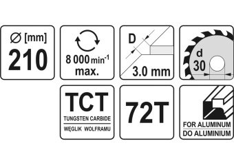 YATO Диск пиляльний по алюмінію YATO, 210х30х3.0x2.2 мм, 72 зубці, R.P.M до 8000 1/хв  | YT-6093