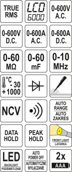 YATO Мультиметр-кліщі TRUE RMS електр. параметрів і темп-ри YATO, діапаз AC/DC- 0-600А, -30-1000 ºC 
