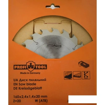 Диск пильный по дереву 160х2.4х1.4х20 мм, Z=20, зуб W (ATB), продольный+поперечный рез PROFITOOL