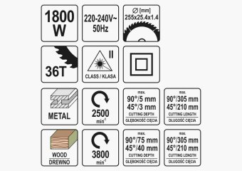 YATO Пила торцьовальна з протяжкою YATO: P=1.8кВт,диск Ø=255/25.4(30.0мм, різ 90°-45° (Дерево/Метал)