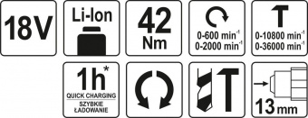 YATO Шуруповерт-дриль ударний безщітк. акумул. YATO: 18В Li-Ion, F=42Нм, 2 АГ, Ø≤13 мм (БЕЗ АКУМУЛЯТ