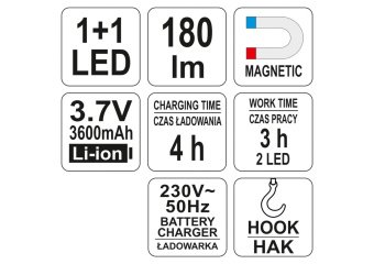 YATO Світильник майстерний YATO акумулятор Li-Ion- 3.7 V, з 2 LED по 180 lm, зарядний пристрій  | YT