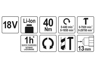 YATO Шуруповерт-дриль ударний акумул. YATO: 18 В, крутн.мом.- 40 Нм, патрон Ø≤13 мм (БЕЗ АКУМУЛЯТОРА