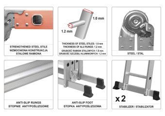 VOREL Драбина розкладна : 4 секції x 3 сходини, h=3.4 м, 94х35х27 см, алюміній+сталь  | 17704