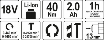 YATO Шуруповерт-дриль ударний акумулят. Li-Ion YATO: V=18 В, крутн.мом.- 40Нм, 2 Агод, патрон Ø≤13 м