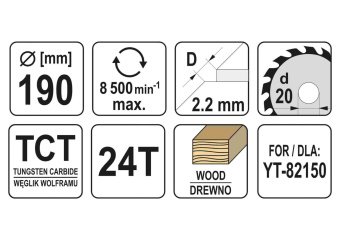 YATO Диск пиляльний победітовий по дереву YATO: 190х20x2.2x1.5 мм, 24 зубці, R.P.M. до 7100 1/хв  | 