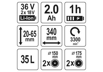 YATO Газонокосарка на 4-х колесах акумул. YATO: 2х Li-Ion 18В 2 Агод, обрізн діап.Ø=34см, ємність 35